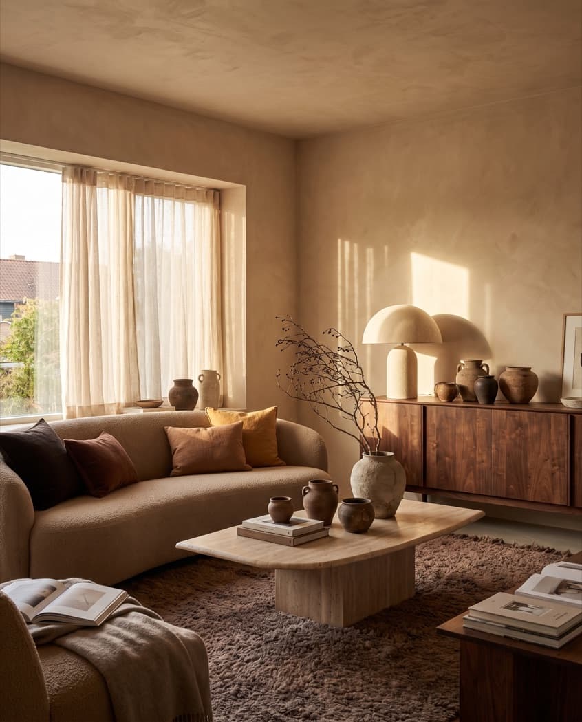 Warm organic-modern room makeover trend