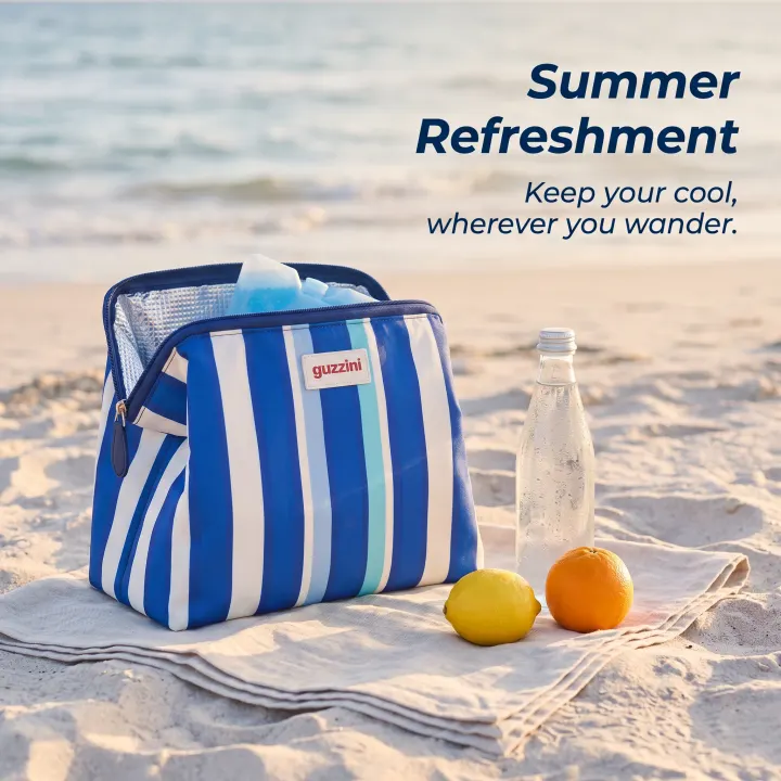 A striped cooler bag on a beach towel, headline "Summer Refreshment"